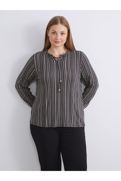 LC Waikiki بلوزة سوداء منقوشة بياقة مربوطة من متجر بلس