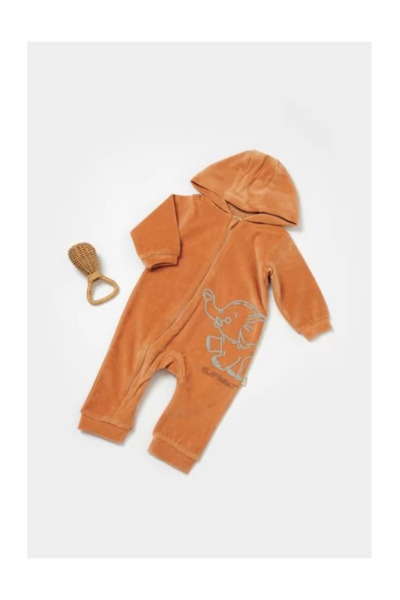 BabyCosy Salopeta Elefant cu maneca lunga si gluga din 80% bumbac si 20% poli...