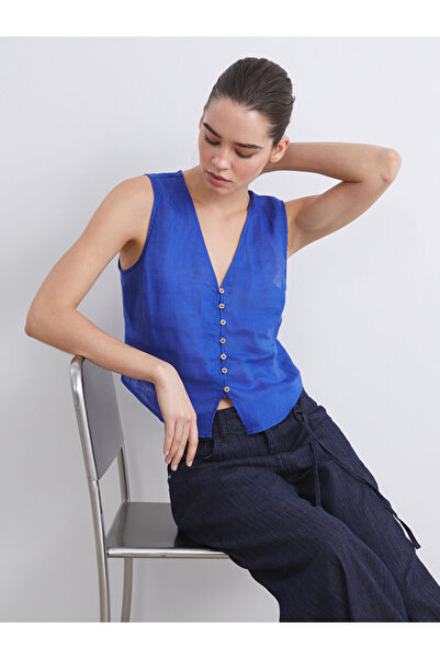 LC Waikiki Blue V-Neck Strap 100% Linen Blouse