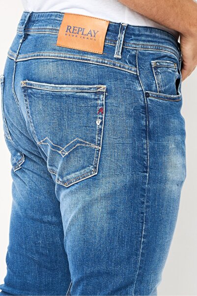 Replay Men Slim Fit Washed Stretchable Jeans, Medium Blue