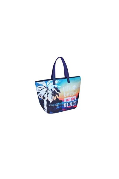 AB HOMES Beach Bag AB HOMES Blue with Palm Trees Sunset Pattern and Inner Pouch