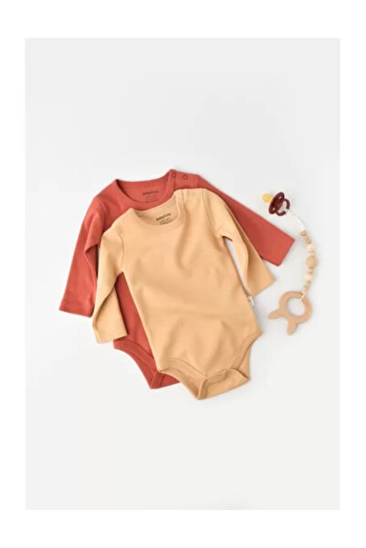 BabyCosy Set 2 Long-Sleeve Baby Bodies - 100% Cotton - Mustard/Cinnamon