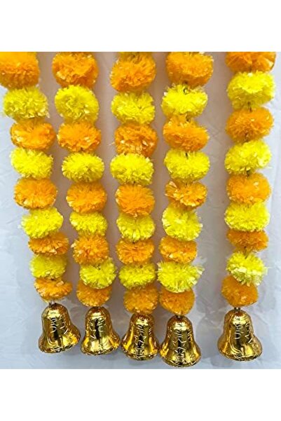Generic Shreej Artificial Marigold Fluffy Flowers and Golden/Silver Hanging Bells Garlands/Torans/Wall hangi