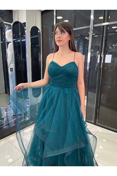 fevzuss Petrol Tüllü Uzun Abiye