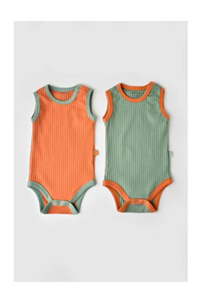 BabyCosy Ribana Bebe Unisex 2-Piece Sleeveless Bodysuits in Cotton and 5% Elastane - Orange/Green