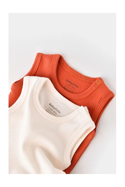 BabyCosy Set of 2 unisex baby sleeveless bodysuits - 100% cotton - Cinnamon/Ecru