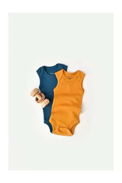 BabyCosy Set 2 sleeveless bodysuits for baby unisex from cotton and modal - Navy/Saffron