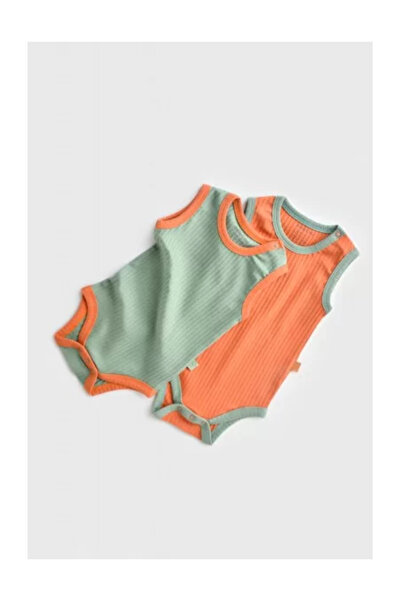 BabyCosy Ribana Bebe Unisex 2-Piece Sleeveless Bodysuits in Cotton and 5% Elastane - Orange/Green