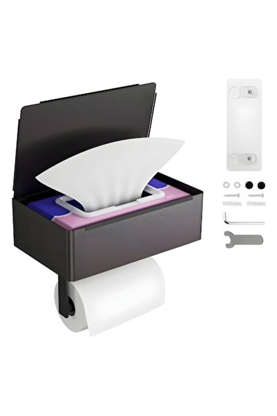 AB HOMES Suport pentru hârtie igienică cu raft pentru șervețele umede, AB HOMES – 2 în 1, oțel inoxidabil negru