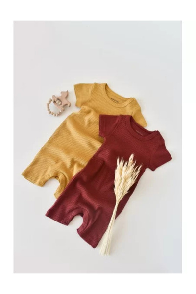 BabyCosy Set de 2 salopetele cu maneca scurta din bumbac si modal - Caramiziu/ Sofran