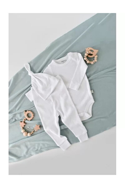 BabyCosy Set 3 pieces: long sleeve body, long pants and hat made of cotton and modal - White, BabyCos