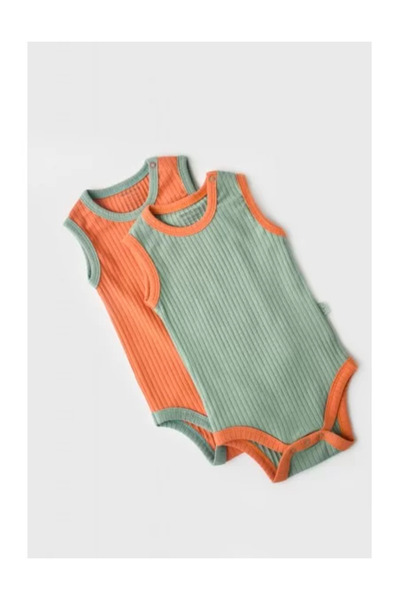 BabyCosy Set 2 Sleeveless Baby Bodysuits Ribana Unisex Cotton - Orange/Green