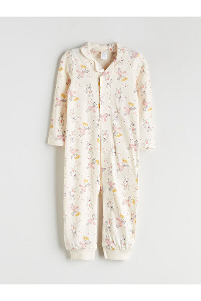 LC Waikiki Lcw eco ecru shirt collar long sleeve Printed baby girl romper