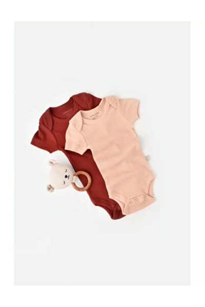BabyCosy Set 2 body-uri bebe unisex din bumbac si modal - Caramiziu/Somon,