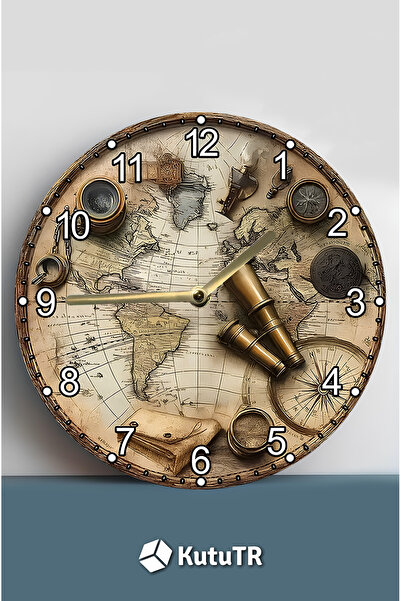 kutuTR Dekoratif MDF Duvar Saati – Vintage Dünya Haritası Tasarımlı – 33x33 c...