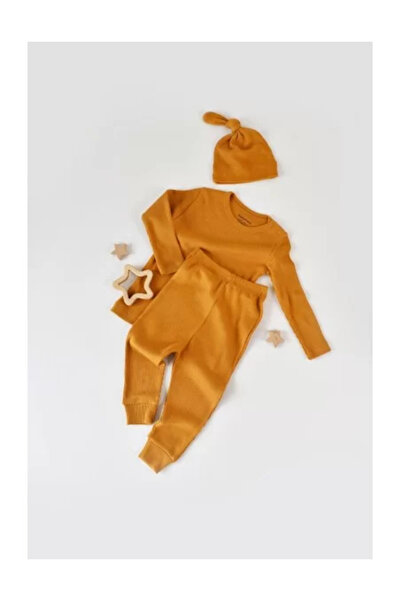 BabyCosy Set 3 piese: bluză cu mânecă lungă, pantaloni lungi și căciulă din b...