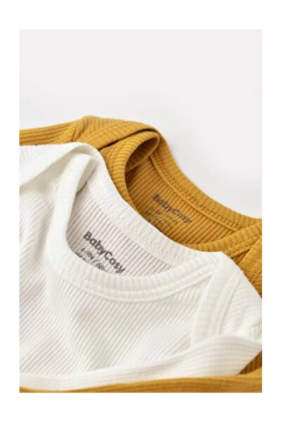 BabyCosy Set 2 body-uri cu maneca lunga bebe unisex din bumbac si modal - Mustar/Ecru