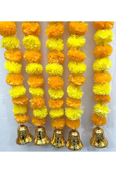 Generic Shreej Artificial Marigold Fluffy Flowers and Golden/Silver Hanging Bells Garlands/Torans/Wall hangi