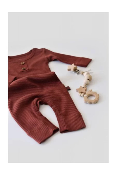 BabyCosy Long-sleeved jumpsuit with long pants made of cotton and modal - Brick