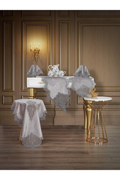 bursa çeyiz Velvet Melisa Living Room Set 5 Pieces Gray