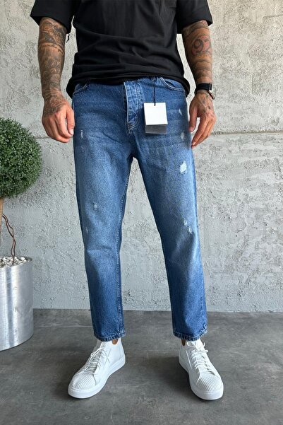 MADZEYMODA Denim Fabric Blue Boyfriend Fit Ripped Detailed Men's Jean Trousers Ke-181