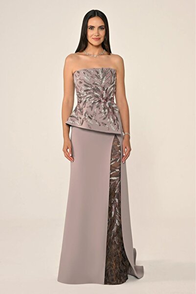 ALFABETA Alpha Beta Embroidered Slit Tulle Crepe Strapless Long Evening Dress