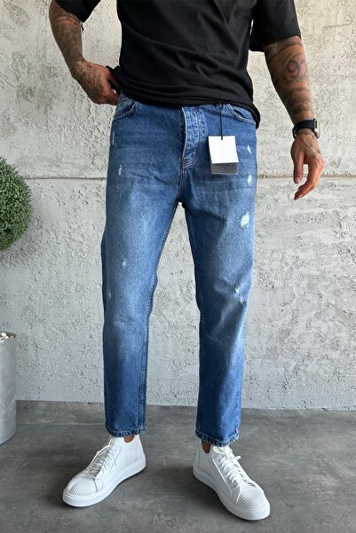 MADZEYMODA Denim Fabric Blue Boyfriend Fit Ripped Detailed Men's Jean Trousers Ke-181