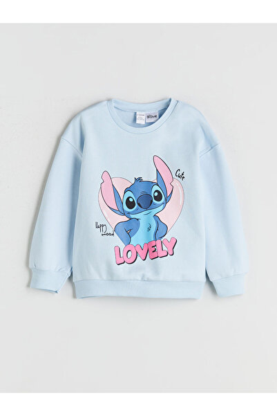 LC Waikiki Mavi Bisiklet Yaka Lilo ve Stitch Baskılı Kız Çocuk Sweatshirt