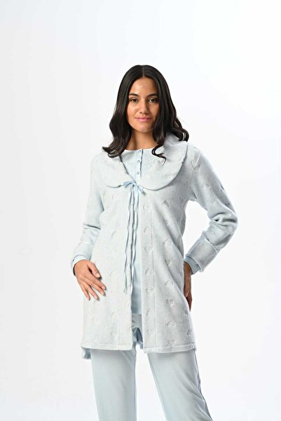 Lohussa Women's Blue Jacquard Lace Winter Special Design Maternity Maternity Dressing Gown Pajama Set