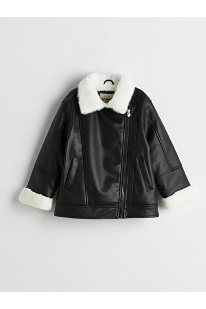 LC Waikiki Black fur collar Leather-Look girl's jacket