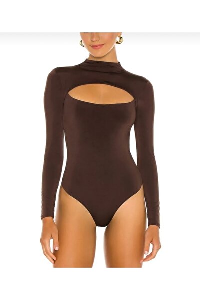 Nsb Tasarım Дамски кафяв боди с ниско деколте