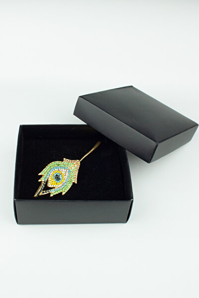 Liveyn Design Tavus Kuşu Tüyü Figürlü Taşlı Gold Broş
