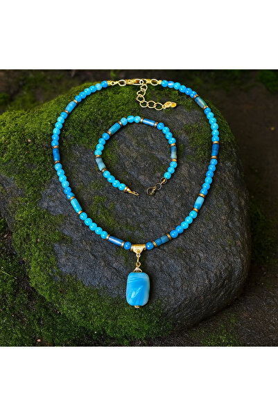 Asteria Elite Blue Agate Necklace Bracelet Set for Peace of Mind, Evil Eye Protection and Communication Power