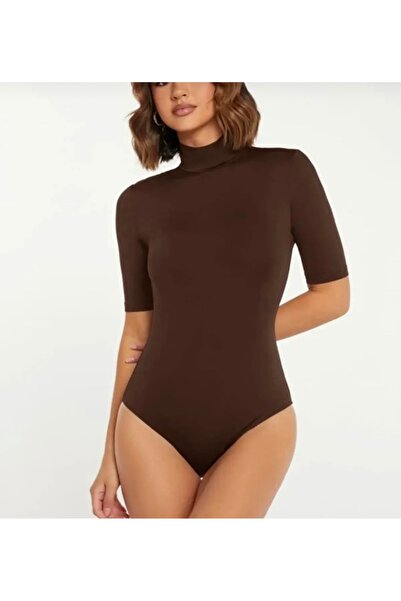 Nsb Tasarım Дамски кафяв боди с къс ръкав и лодка