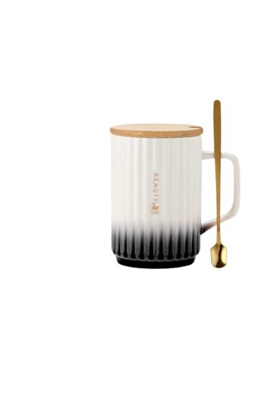 Generic White and Blue Ombre Ceramic Coffee Mug with Wooden Lid and Golden Spoon (Set of 1, 450ml C
