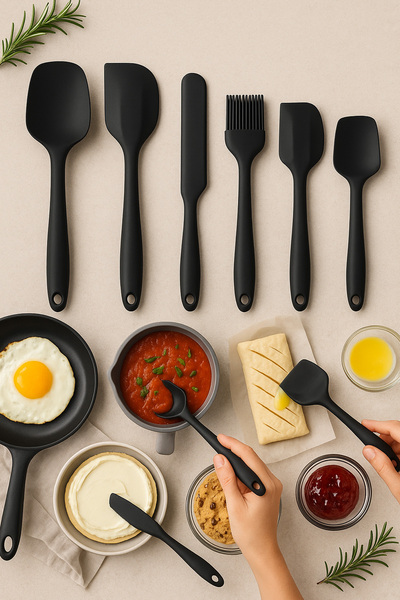 EVONİTA مجموعة من 6 ملاعق سيليكون سوداء - أدوات مطبخ مقاومة للحريق وغير لاصقة...