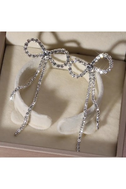 HERA SHOPS Silver Color Zircon Stone Bow Model Women's Trend Earrings Evening Dress Earrings Daily Casual Jewelry