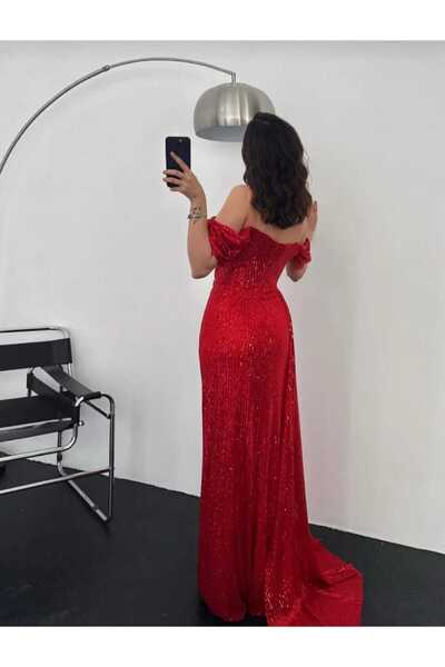 mafdress Women's Red Sequin Low Sleeve Long Evening Dress
