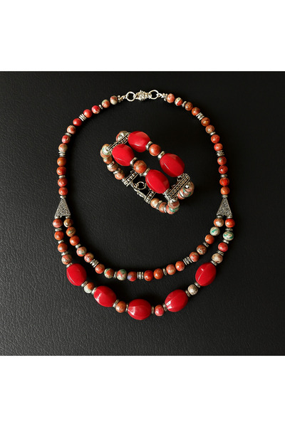 Asteria Elite Emperor Jasper Burgundy Howlite Necklace Bracelet Set for Stress Relief and Balance