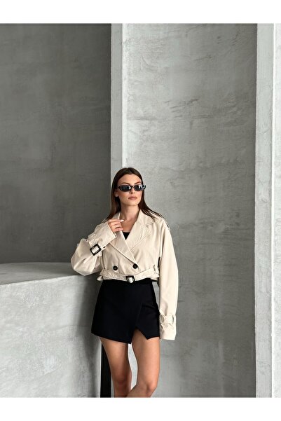 FERZOLAİO Double-Breasted Cut Crop Belted Stone Trench Coat