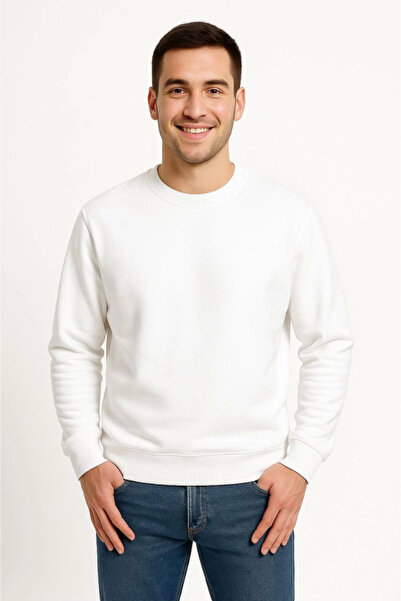 JANES Ανδρικό φούτερ με τρεις κλωστές με ίσιο λαιμόκοψη - Λευκό