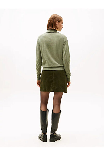 Tommy Hilfiger Kadın V Polo Yaka Uzun Kol Regular Fit Pamuklu Düz Yeşil Kazak WW0WW47410-MTD