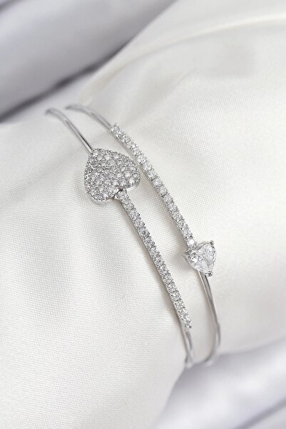 Generic Brand Brass Zircon Stone Heart Model Silver Color Women's Bracelet