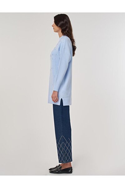 Kayra Çiçek Aplikeli Triko Tunik Açık Mavi