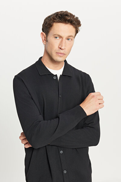 AC&Co / Altınyıldız Classics Men's Black Cotton Standard Fit Regular Cut Shirt Collar Knitwear Cardigan Sweater