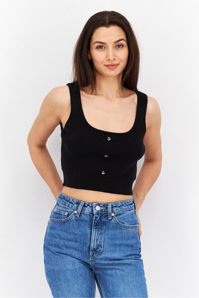 Accessorize Women Round Neck Sleeveless Plain Crop Top, Black
