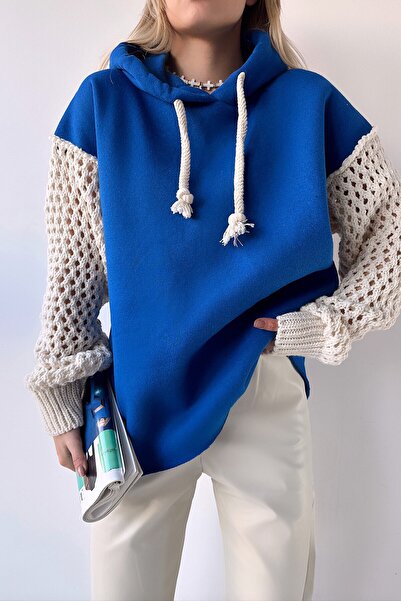 VAGGON Women's Saks Hooded Mesh Knit Sleeve Lace-Up 3 Thread Sweatshirt Vs00943