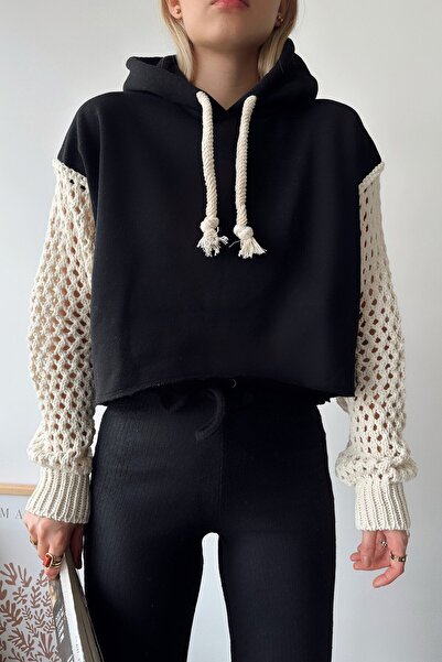 VAGGON Kadın Siyah Kapüşonlu File Örgü Kol Bağcıklı Crop Sweatshirt Vs00939