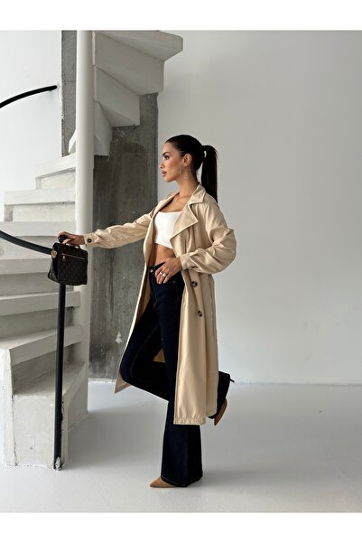 ABOUT US Relaxed Fit Long Seasonal Trench Coat with Binding Detail # 5853