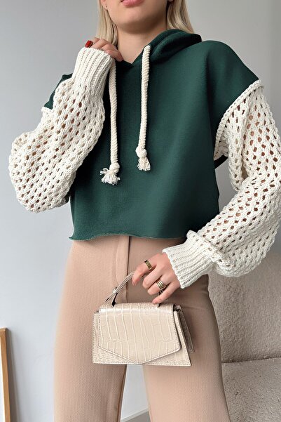 VAGGON Kadın Koyu Yeşil Kapüşonlu File Örgü Kol Bağcıklı Crop Sweatshirt Vs00939